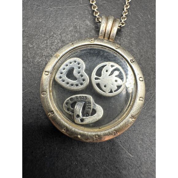 Vtg Sterling Silver 925 Pandora Floating Locket Necklace W/ 3 Petite Charms - Picture 1 of 10